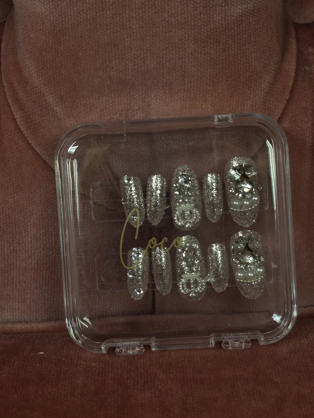 Silver Glitter Press-On Nails with Rhinestones & Pearls